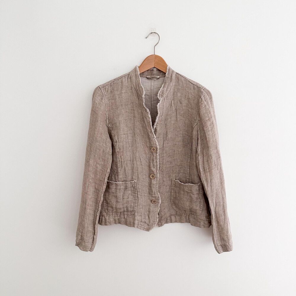 Eileen Fisher 100% Organic Linen Raw Edge Jacket Natural Flax Blazer Size S